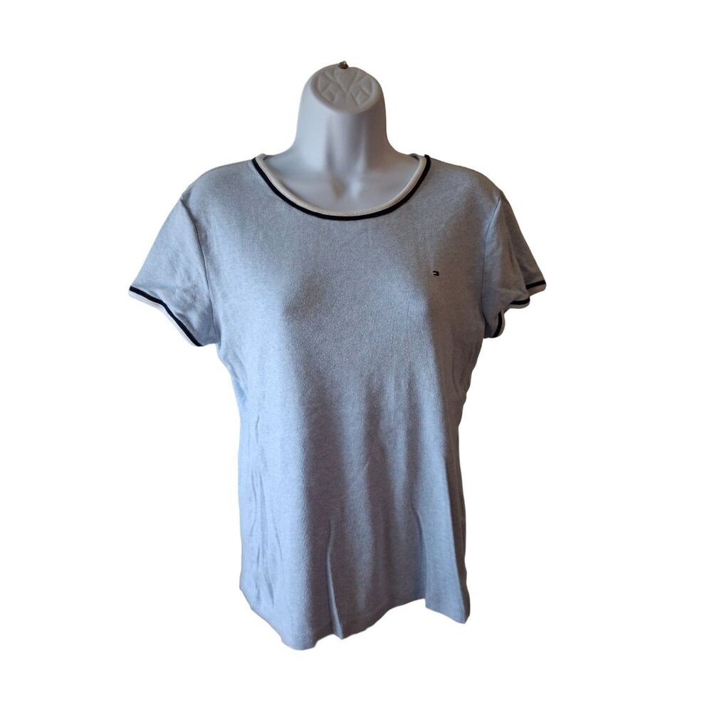 Tommy Hilfiger Womens Gray T-Shirt L Contrast Trim Short Sleeves Classiccore